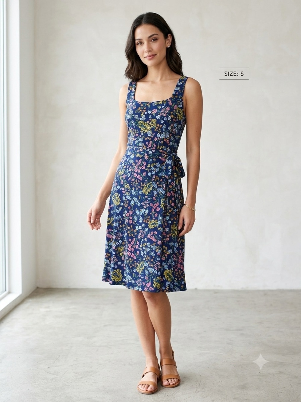 Leota Navy Floral Square-Neck Midi Dress